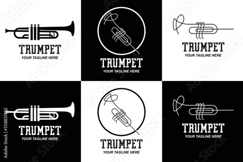 Trumpet logo design, generate melody, musical instrument vector sketch illustration