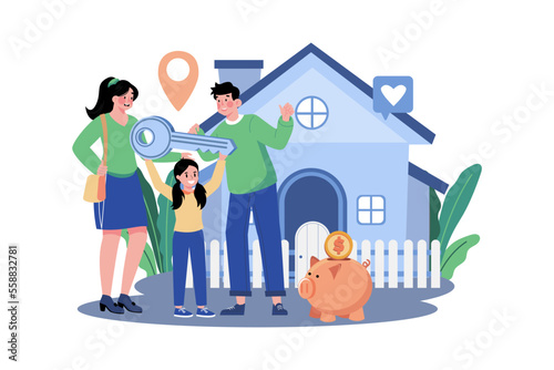 Happy family standing in front of a new house