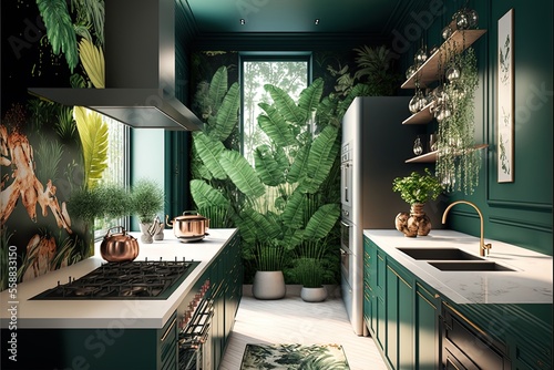 Modern kitchen interior made of natural wooden materials with tropical plants. AI