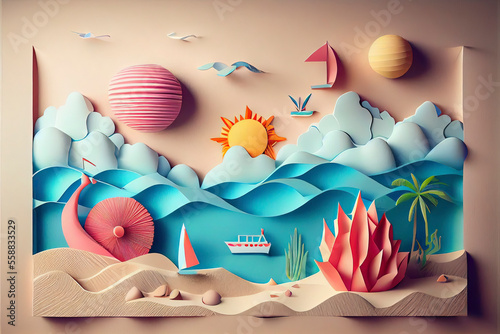 Abstract paper art of summer seascape with sea water splash and beach accessories on the beach © rufous
