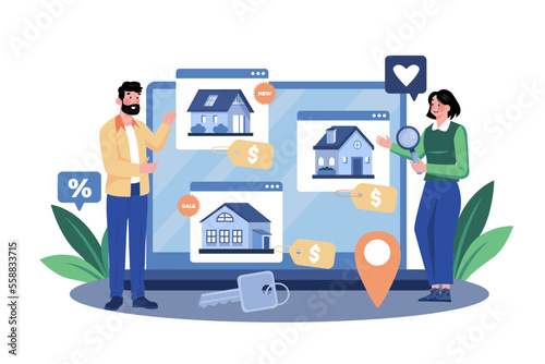 A couple searching house to rent on a laptop