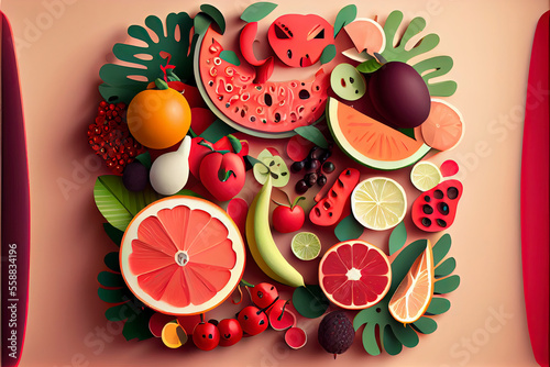 paper cut craft style fresh summer fruits and berries. Sweet