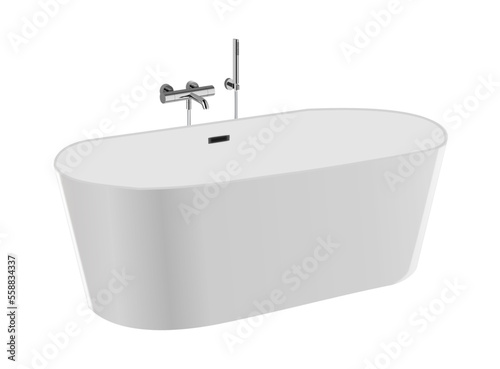 White ceramic bath tub with metallic valve and faucet, realistic vector illustration
