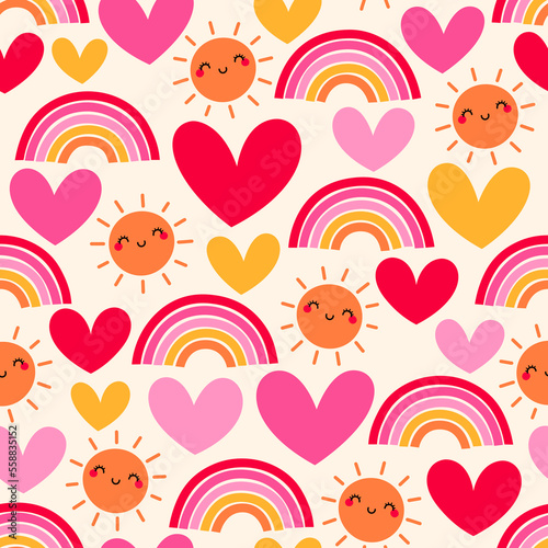 Cute hand drawn sun, rainbow and heart seamless pattern design.