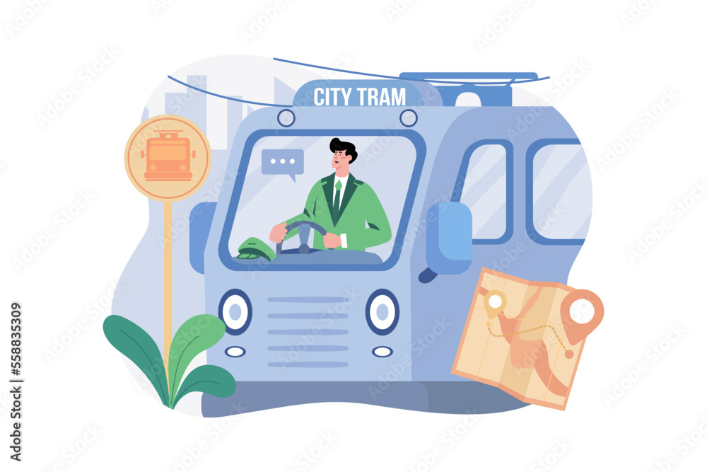 The Man Is Driving A Tram On The Street The Man Is Driving A Tram On The Street