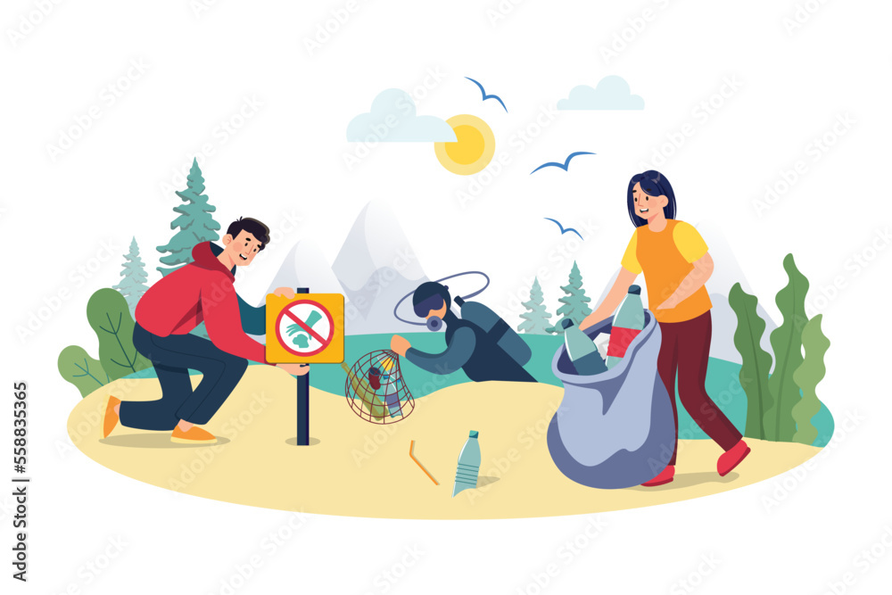 Cleaning the ocean Illustration concept on white background Cleaning the ocean Illustration concept on white background