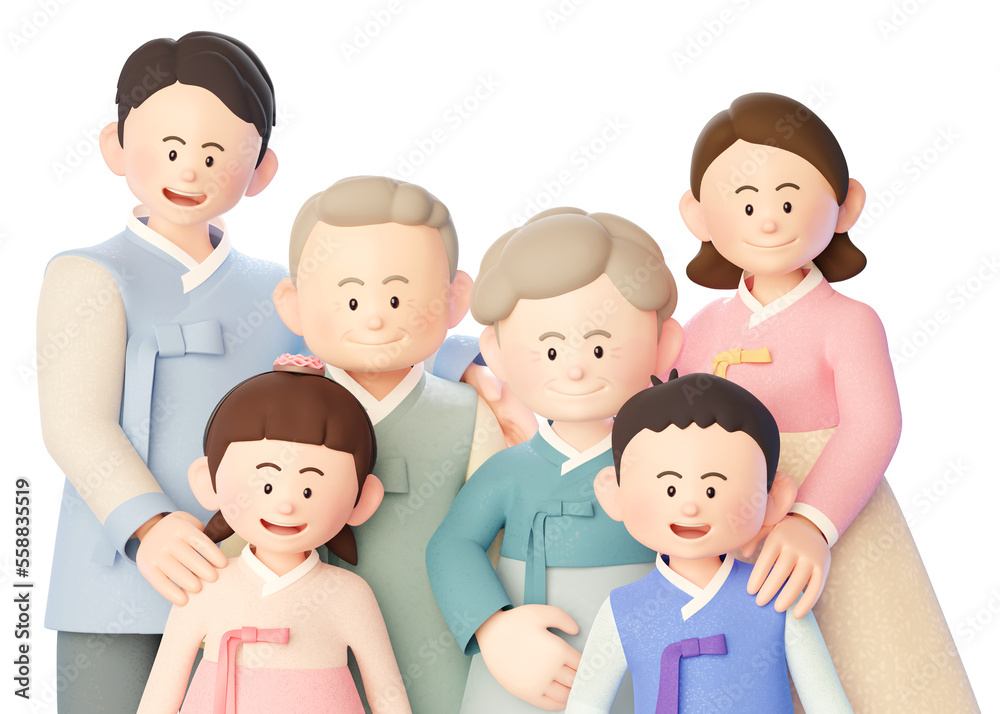 A 3d illustration of a harmonious family wearing hanbok during the Korean Lunar New Year holiday. Grandmother, grandfather, mother, father, son, daughter. A 3d illustration of a harmonious family wearing hanbok during the Korean Lunar New Year holiday. Grandmother, grandfather, mother, father, son, daughter.