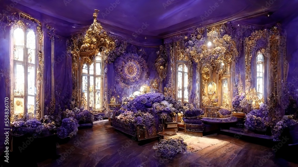Fantasy place. Palace interior of gold and purple colors. Generative ai. 