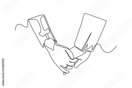 Continuous one line drawing The couple holding hands at the wedding Wedding Concept. Single line draw design vector graphic illustration.