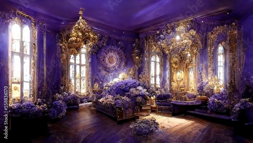 Fantasy place. Palace interior of gold and purple colors. Generative ai. 