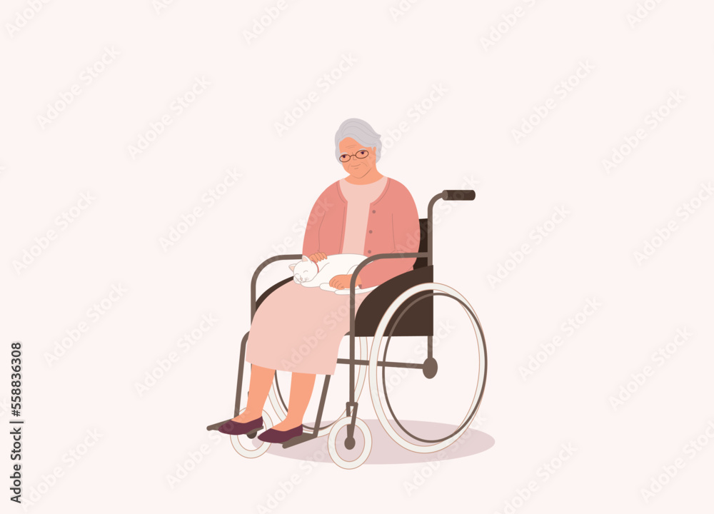 White Cat Sitting On A Smiling Disabled Senior Woman’s Lap With Wheelchair. Full Length. Flat Design Style, Character, Cartoon. White Cat Sitting On A Smiling Disabled Senior Woman’s Lap With Wheelchair. Full Length. Flat Design Style, Character, Cartoon.