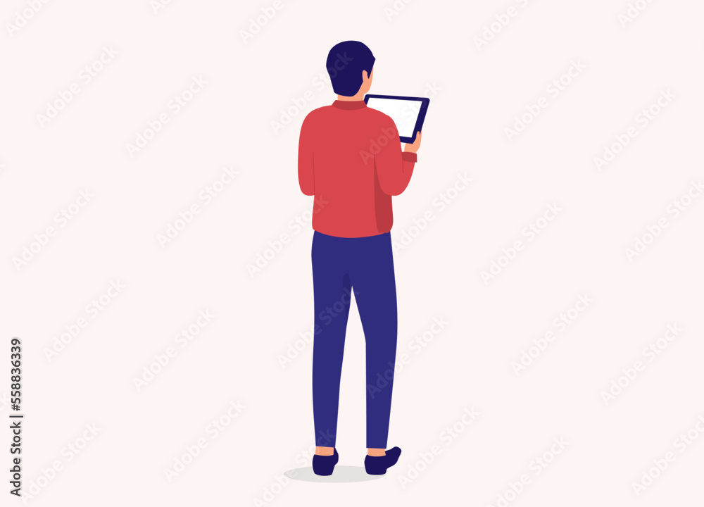 Back View Of A Man Holding A Digital Tablet. Full Length. Flat Design Style, Character, Cartoon. Back View Of A Man Holding A Digital Tablet. Full Length. Flat Design Style, Character, Cartoon.