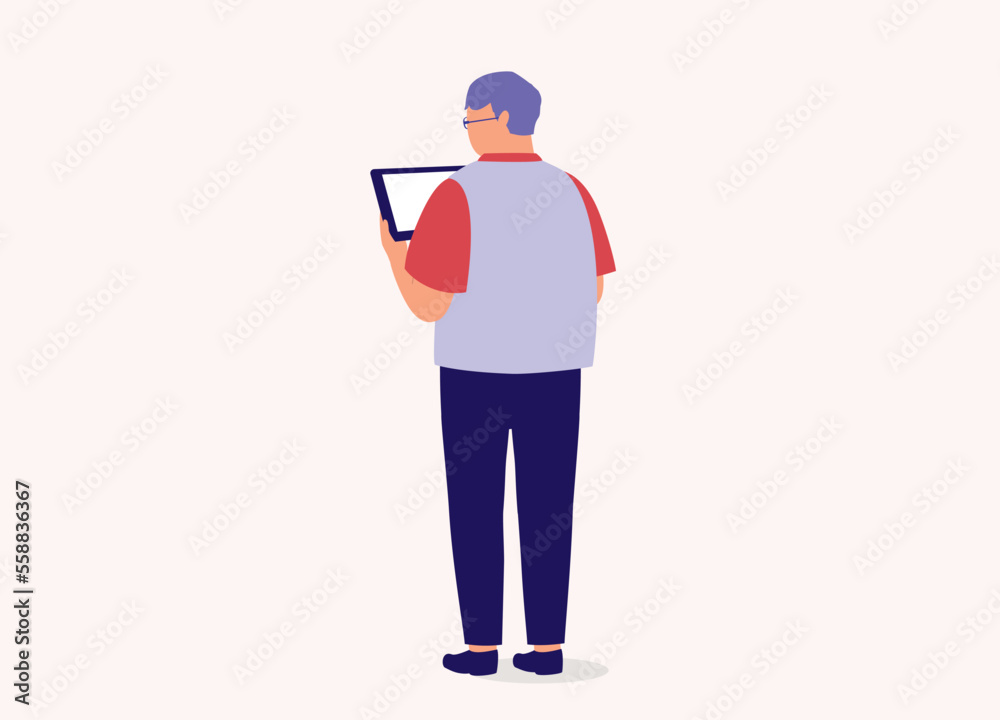 Back View Of A Senior Man Holding A Digital Tablet. Full Length. Flat Design Style, Character, Cartoon. Back View Of A Senior Man Holding A Digital Tablet. Full Length. Flat Design Style, Character, Cartoon.