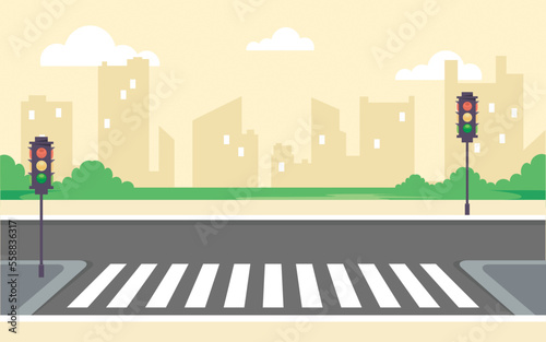 City roads with traffic lights front view illustration.