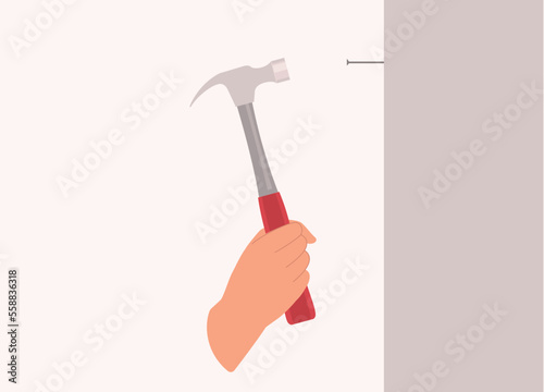 A Person’s Hand With Hammer Hitting Nail On Wall. Close-Up. Flat Design Style, Character, Cartoon.