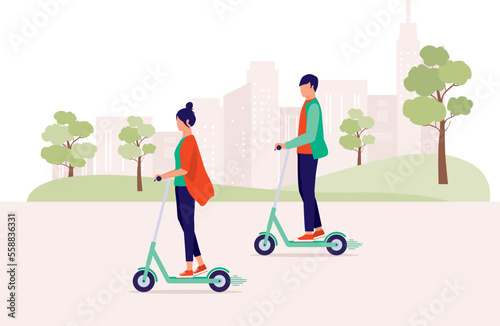 Young Man And Woman Riding An Electric Scooter On Road At The City. Full Length. Flat Design Style, Character, Cartoon.