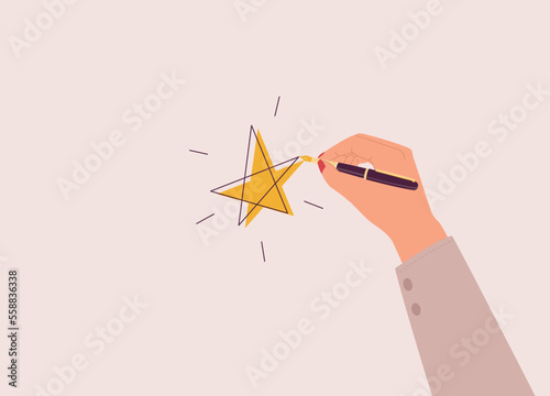One Female’s Hand With Businesswear Drawing A Star. Close-Up. Flat Design Style, Character, Cartoon.