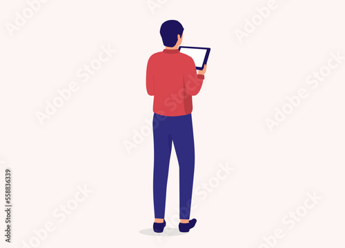 Back View Of A Man Holding A Digital Tablet. Full Length. Flat Design Style, Character, Cartoon.