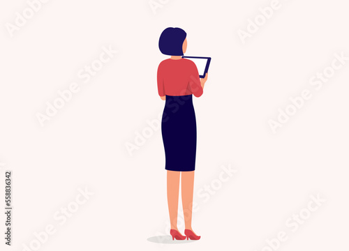Back View Of A Businesswoman Holding A Digital Tablet. Full Length. Flat Design Style, Character, Cartoon.