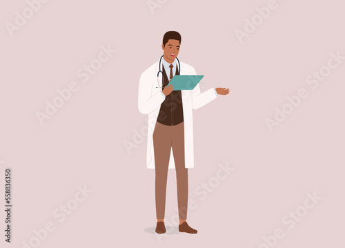 One Smiling Black Male Doctor Using A Digital Tablet For A Medical Consultation. Full Length. Flat Design Style, Character, Cartoon.