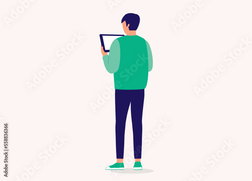 Back View Of A Young Man Holding A Digital Tablet. Full Length. Flat Design Style, Character, Cartoon.