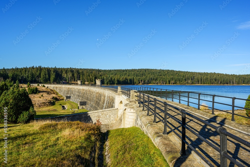 Water surface of Bedrichov dam in mountains.