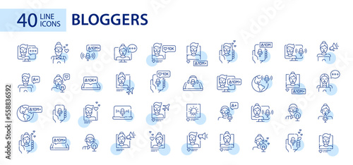 Big set of blogging and podcast icons. Like, share, repost. Pixel perfect, editable stroke line design