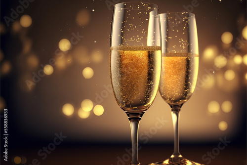 Champagne glasses close up, celebration party, dark background, copy space. AI generative