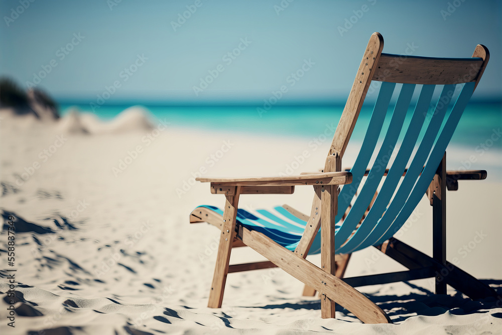 Summer holiday concept with wooden lounge chair on the beach, sunny weather and blue sea background. Relaxation, vacation and travel concept. AI generated. Summer holiday concept with wooden lounge chair on the beach, sunny weather and blue sea background. Relaxation, vacation and travel concept. AI generated.