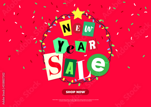 New year sale banner template design. Big sale event on red background. Social media, shopping online. vector