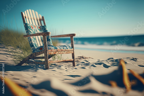 Lounge chair on the beach, blue sky and sea view background, relaxation and summer holidays concept, AI generated illustration.
