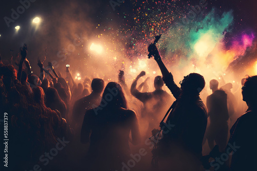 Concert music festival with dancing people silhouette, colorful confetti explosion during rave party event, generative AI illustration.