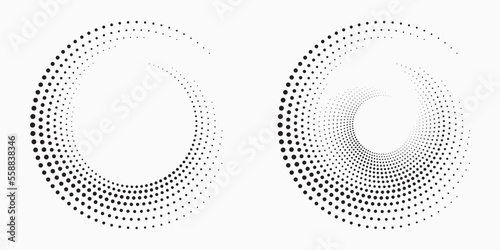 Halftone logo set. Circular dotted logo isolated on the white background. Garment fabric design. Halftone circle dots texture. Vector design element for various purposes.