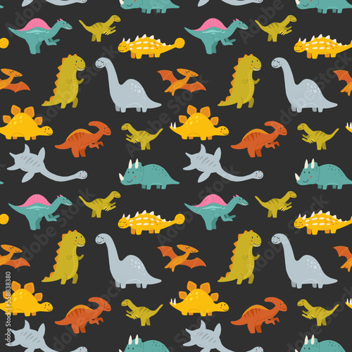 Vector seamless pattern with cute baby dinosaurs. Hand drawn brontosaurus, tyrannosaurus, pterodactyl, triceratops, stegosaurus, spinosaurus, plesiosaurus, ankylosaurus, velociraptor, parasaurolophus photo