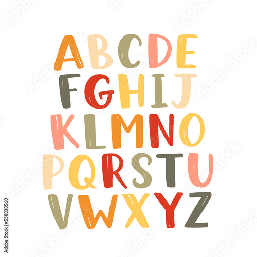 Kid alphabet made in vector. Doodle letters for your design. Cute hand drawn isolated characters. Handdrawn display font for DIY projects and kids design.