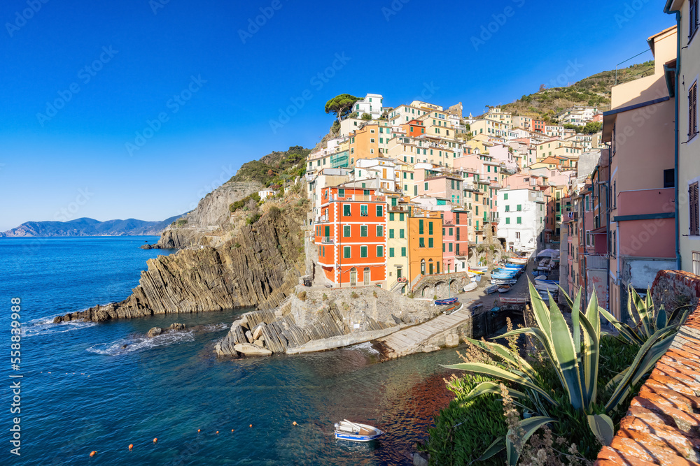 Boats in marina and colorful apartment homes in touristic town, Riomaggiore, Italy. Cinque Terre National Park