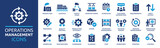 Operations management icon set. Containing production, logistics, supply chain, manufacturing, planning, inventory management, strategy, customer satisfaction and cost icons. Solid icon collection.