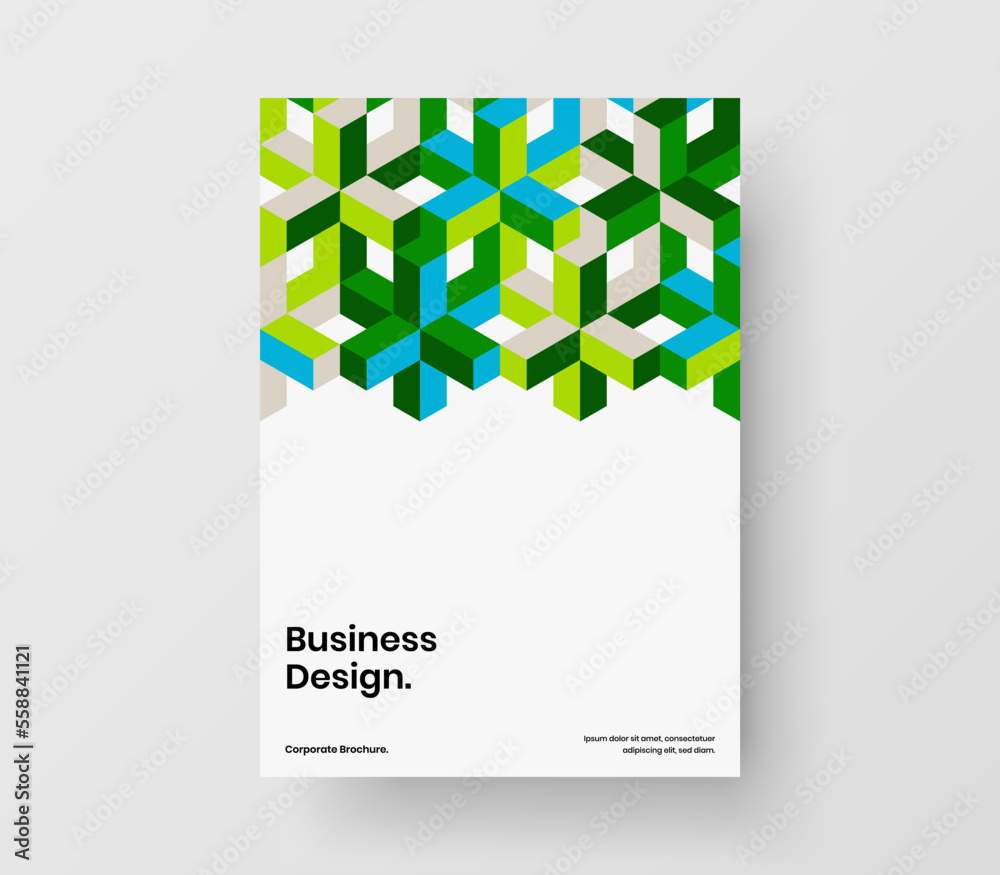 Isolated geometric pattern postcard layout. Bright company cover A4 design vector template.