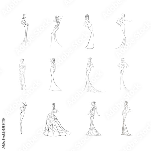 Beautiful fashion woman abstract silhouettes set, girl in long dress, isolated on a white background vector illustration. Print and logo design, beauty salon.