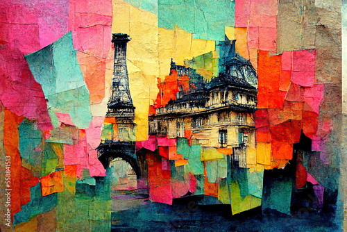 Eiffel Tower watercolor on torn paper illustration