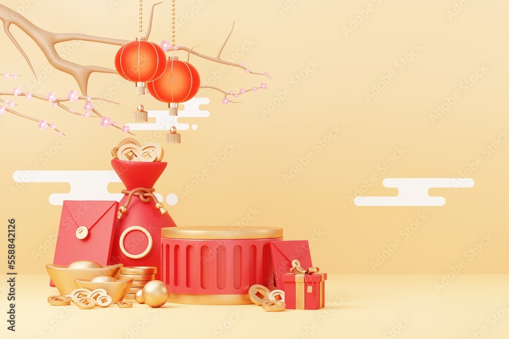 3D render Happy Chinese new year 2023 with the year of Rabbit. Traditional Podium for showing product. Lunar new year red background decorate with Chinese texture, gold, coins, and zodiac sign.
