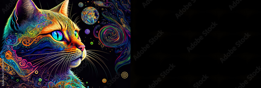 Cosmic cat reigning over the universe, fantasy colorful cat in space, cat thinking about its spirituality, illustration, generated art, digital