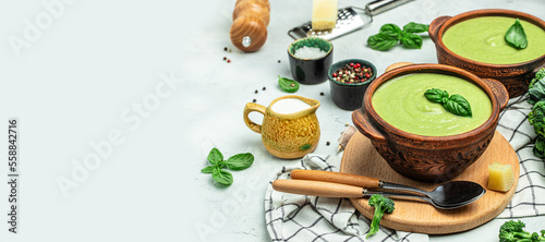 broccoli soup with vegetables in a bowl omemade healthy organic vegetarian vegan diet fresh food meal dish soup Long banner format. top view photo