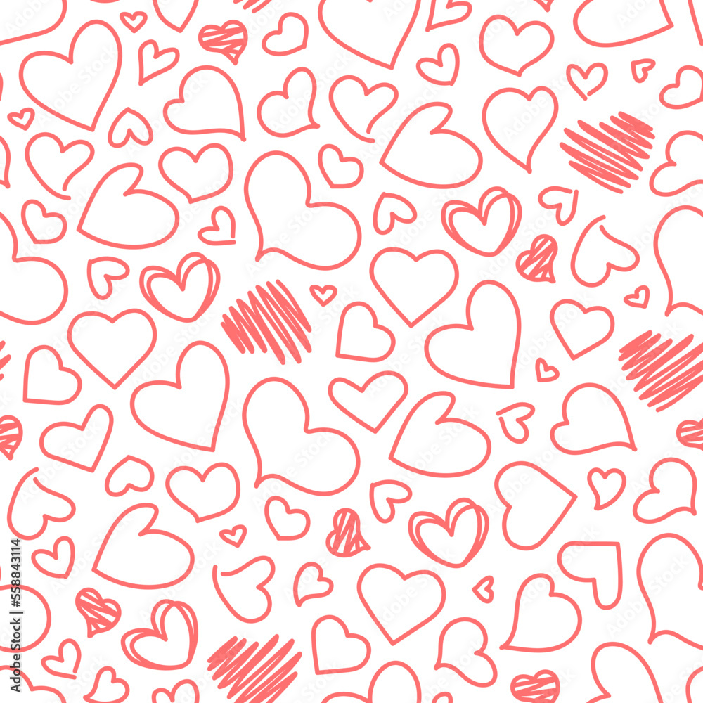 Seamless pattern of hand drawn hearts doodle on transparent background