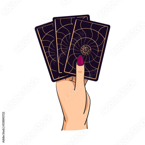 Female hand holds magic tarot cards, symbol of fortune-telling and prediction, astrology. isolated on white background. vector