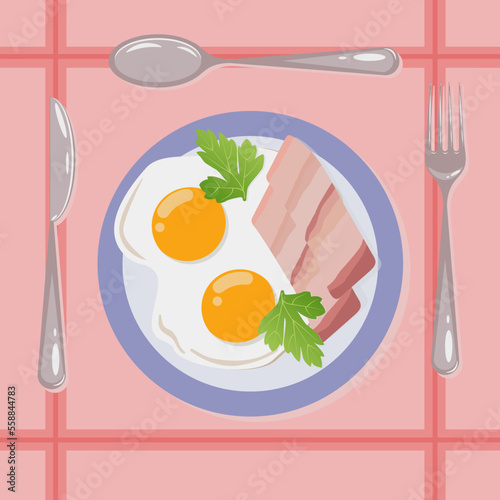 Bacon and scrambled eggs for breakfast. Cutlery, breakfast table setting. Eggs, bacon, herbs. Healthy food for breakfast. Vector graphics, view from above.