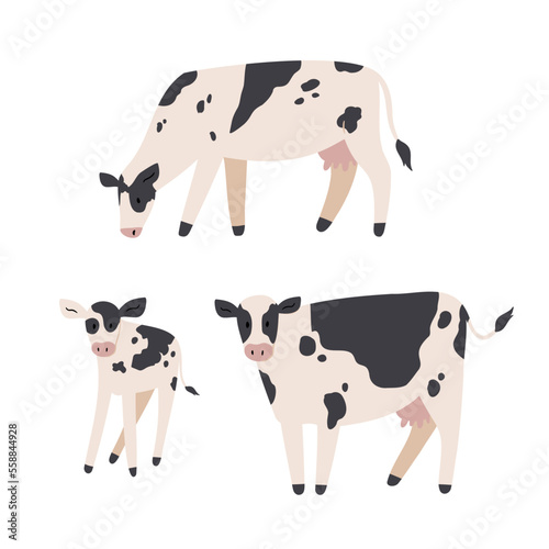 cow illustrations, domestic animals clipart, farm life illustrations, farmer flat vector style