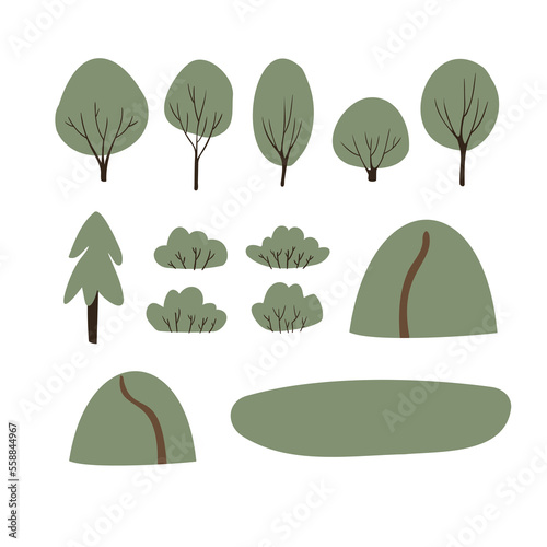 trees, bush and hills illustrations, farm life illustrations, farmer flat vector style