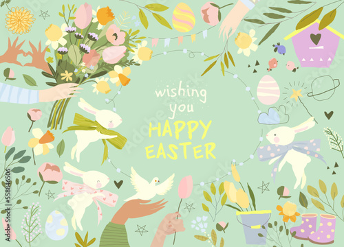 Cartoon Easter Frame with Bunnies, Eggs and Bouquets Of Spring Flowers © Maria Starus