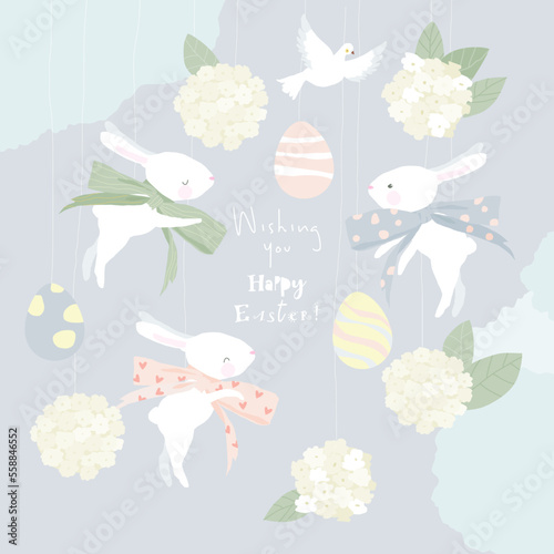 Happy Easter Greeting Card with Cute White Bunnies and Eggs © Maria Starus